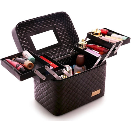 Sooyee Makeup Bag Cosmetic Bag with Mirror, 4-Layer Foldable Makeup Organizer - New Open Box