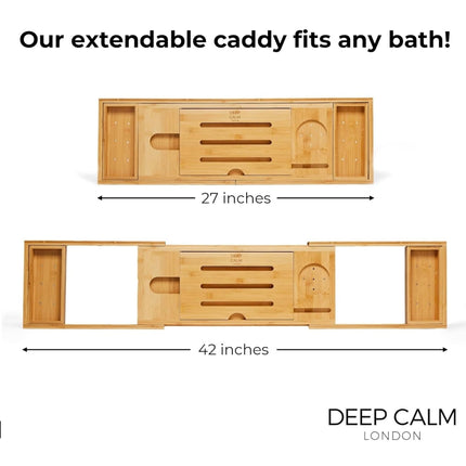 Deep Calm Bamboo Bathtub Tray Caddy, Expandable Bath Table with Holders for Accessories - New Open Box