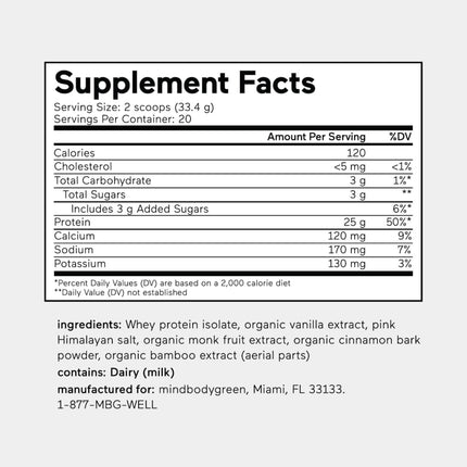 mindbodygreen Grass-Fed Whey Protein Isolate+ Vanilla – 20 Servings, 25g Protein - 09/27