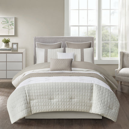 “510 Design Irvine 8-piece Comforter Set, queen size bedding with throw pillows, new open box, original packaging”