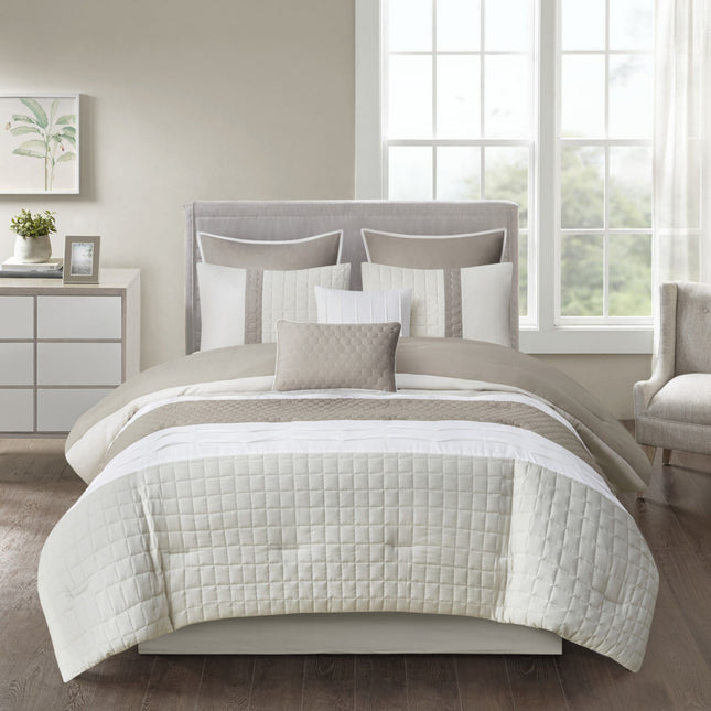 “510 Design Irvine 8-piece Comforter Set, queen size bedding with throw pillows, new open box, original packaging”