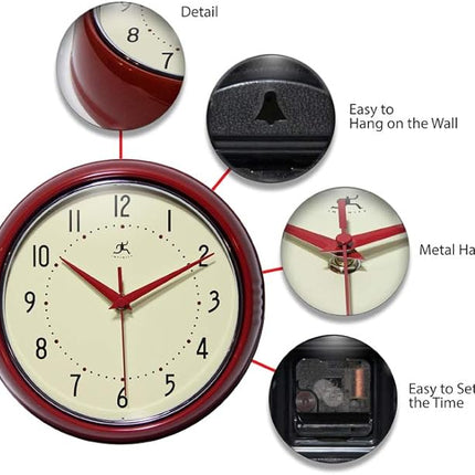 Infinity Instruments LTD. Retro 9-Inch Silent Sweep Wall Clock - Red (Open Box)