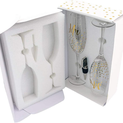 Verre Esprit Mr and Mrs Crystal Wedding Champagne Glasses Flutes & Stoppers