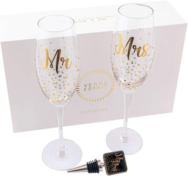 Verre Esprit Mr and Mrs Crystal Wedding Champagne Glasses Flutes & Stoppers