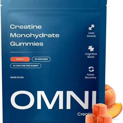 Omni Creatine Monohydrate Gummies - Supports Muscle Growth, Recovery & Brain Function - Convenient & Easy to Take - Great Tasting Peach Flavor - 1g per Gummy, Low Sugar - 90 Count