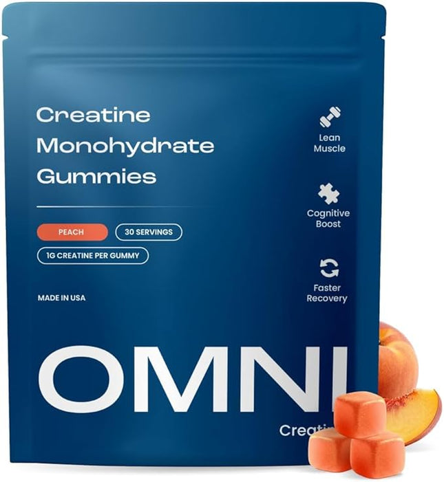 Omni Creatine Monohydrate Gummies - Supports Muscle Growth, Recovery & Brain Function - Convenient & Easy to Take - Great Tasting Peach Flavor - 1g per Gummy, Low Sugar - 90 Count