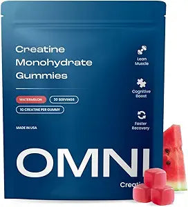 Omni Creatine Monohydrate Gummies - Supports Muscle Growth, Recovery & Brain Function - Convenient & Easy to Take - Great Tasting Watermelon Flavor - 1g per Gummy, Low Sugar - 90 Count