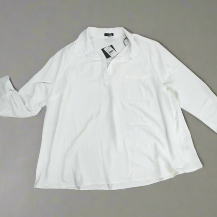 Pleione Women's White Long Sleeve Spread Collar Pocket Shirt, New with Imperfection, Size 2XL