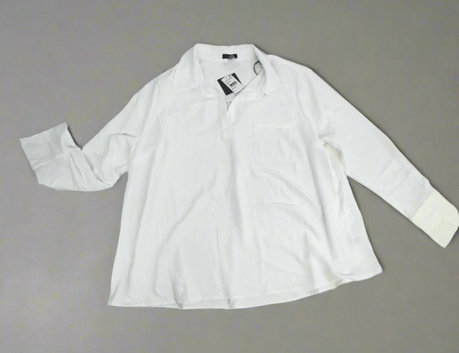 Pleione Women's White Long Sleeve Spread Collar Pocket Shirt, New with Imperfection, Size 2XL