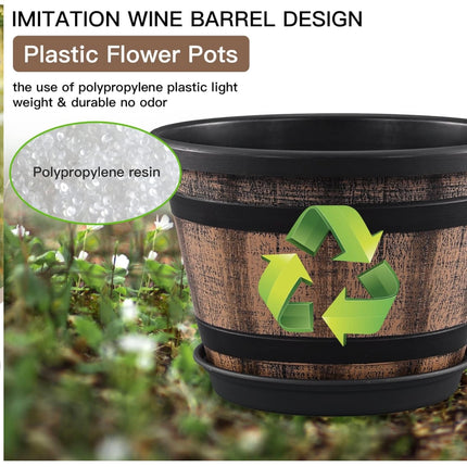 Quarut 3 Pack 10 Inch Plant Pots, Whiskey Barrel Planters with Drainage Holes & Saucer – Imitation Wine Barrel Design for Indoor & Outdoor Garden – Brown, New Open Box