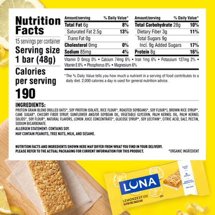LUNA LemonZest Gluten Free Snack Bar Value Pack (12 count) (12-24-26)