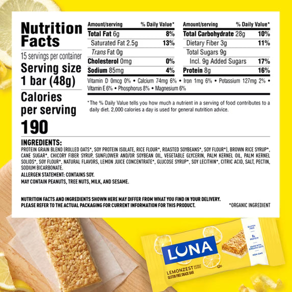 LUNA LemonZest Gluten Free Snack Bar Value Pack (12 count) (12-24-26)