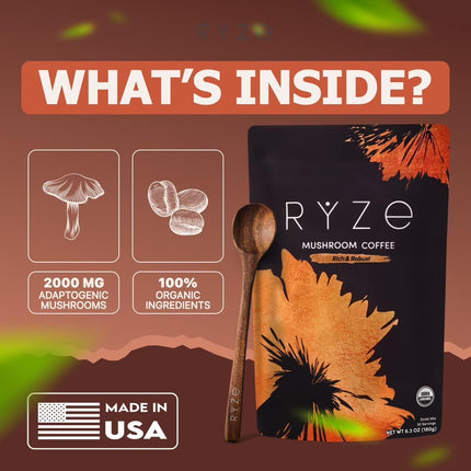 RYZE SUPERFOODS Mushroom Coffee Dark Roast, 6 Adaptogenic Mushrooms & Prebiotic Blend - 30 Servings
