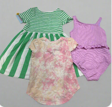 Baby Girls’ 3-Pack Green Striped Dress, Pink Tie-Dye T-Shirt & Purple Swimsuit Size 4T - New