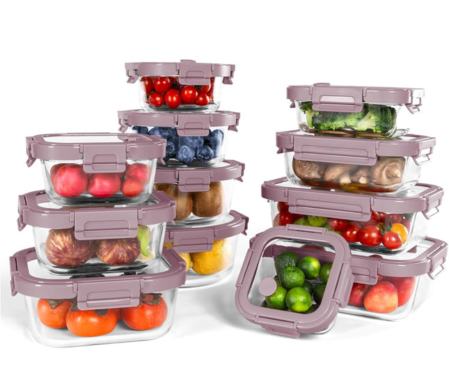 Borohouse 12-Pack Glass Containers with Tempered Lids - Oven Safe Meal Prep - Pink
