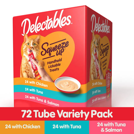 Hartz Delectables Squeeze Up Cat Treat Variety Pack, 72 Count, 0.5oz Tubes, Lickable Wet Cat Treats, New