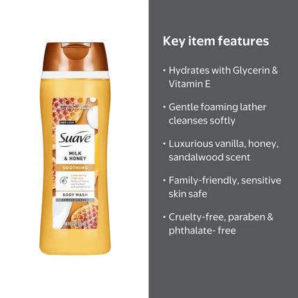 Suave Milk & Honey Moisturizing Body Wash with Glycerin & Vitamin E, 18 FL OZ