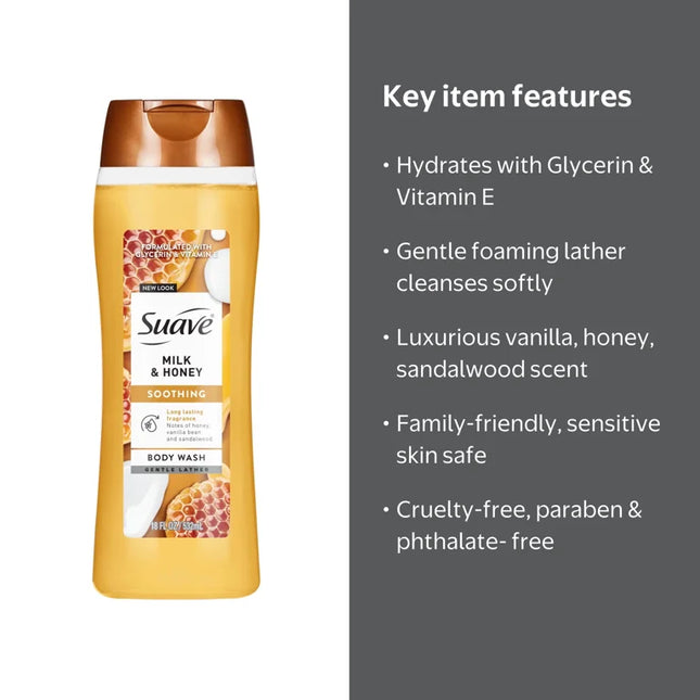 Suave Milk & Honey Moisturizing Body Wash with Glycerin & Vitamin E, 18 FL OZ