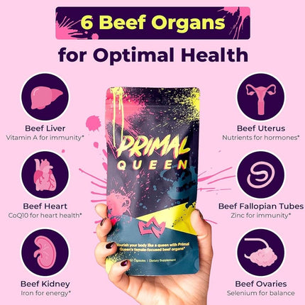 Primal Queen Grass Fed Beef Organ Supplement for Women, 60 Capsules
Freeze-Dried Beef Organs for Women, Liver, Organ Meat Complex Pills, Bovine Supplements, No Fillers, 30-Day Supply