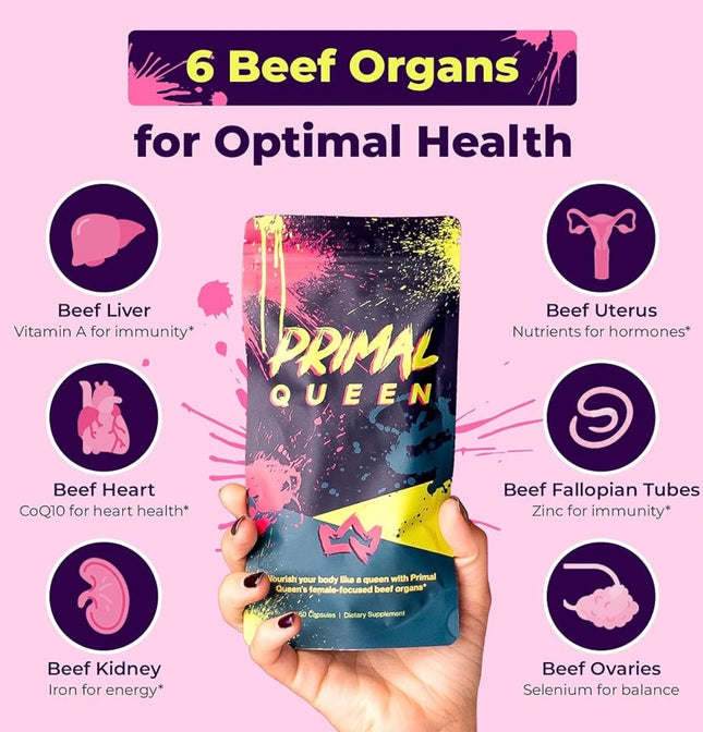 Primal Queen Grass Fed Beef Organ Supplement for Women, 60 Capsules
Freeze-Dried Beef Organs for Women, Liver, Organ Meat Complex Pills, Bovine Supplements, No Fillers, 30-Day Supply