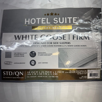 Hotel Suite White Goose Firm Pillow, STD/QN Size, 500 Thread Count - New Open Box