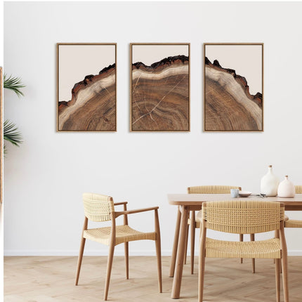 HPINUB Framed Tree Rings Wood Wall Art Set, Modern Beige Wood Stump Wall Décor, New Open Box