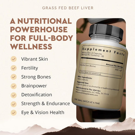 Ancestral Supplements Beef Liver, Grass-Fed, Natural Iron, Vitamin A, B12 for Energy, 180 Capsules