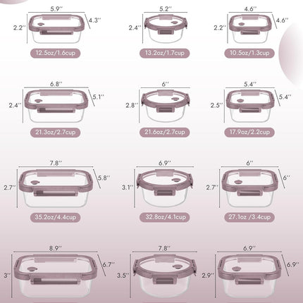 Borohouse 12-Pack Glass Containers with Tempered Lids - Oven Safe Meal Prep - Pink