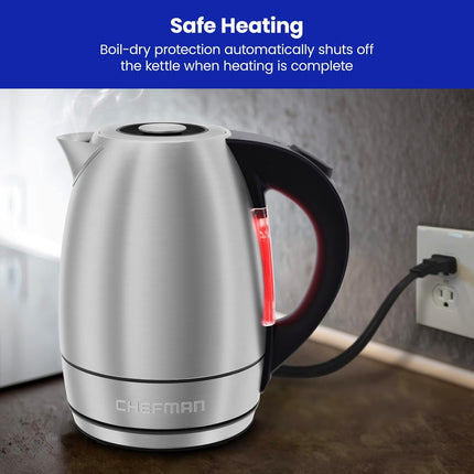 Chefman 1.8L Stainless Steel Electric Kettle - LED Lights, Auto Shutoff, Boil-Dry Protection (Open Box)