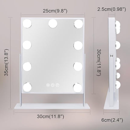 Vanity Mirror with Lights - Hollywood Lighted Makeup Mirror with 9 Dimmable Bulbs, 3 Color Lighting Modes, 10X Magnification, 360° Rotation (White) - Open Box