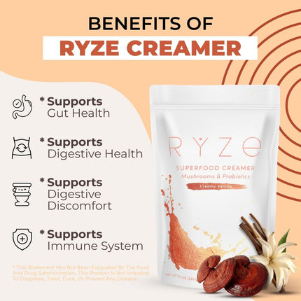 RYZE SUPERFOODS Probiotic Coffee Creamer with 6 Organic Adaptogenic Mushrooms & Probiotics for Energy