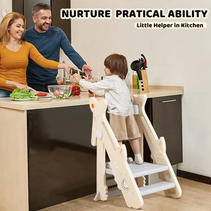 Toddler Kitchen Step Stool Grey Foldable Tower w/ Safety Rail New