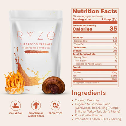 RYZE SUPERFOODS Probiotic Coffee Creamer with 6 Organic Adaptogenic Mushrooms & Probiotics for Energy