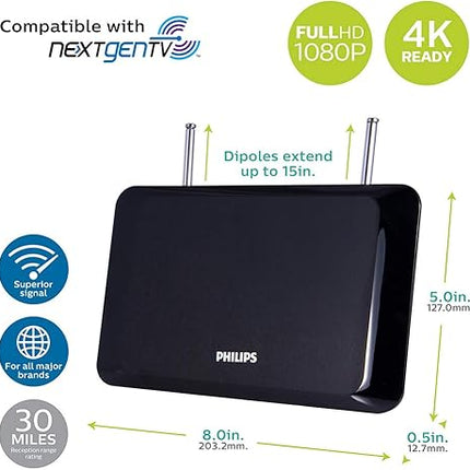 Philips Indoor TV Antenna - Digital HDTV, 4K Smart TV Compatible, Black (Open Box with Scratches)