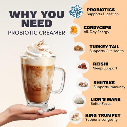 RYZE SUPERFOODS Probiotic Coffee Creamer with 6 Organic Adaptogenic Mushrooms & Probiotics for Energy