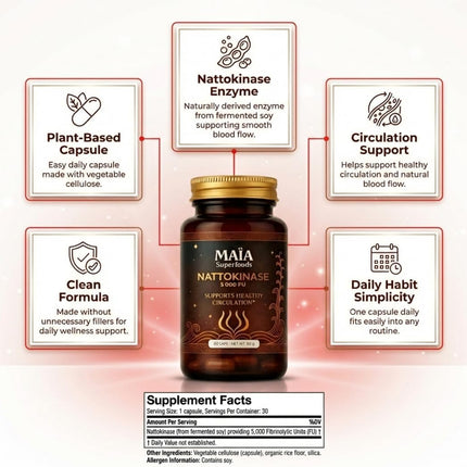 Maia Nattokinase | 5000 FU | Supports Arterial Cleanliness, Nitric Oxide - 30 Count