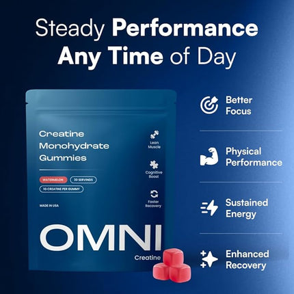 Omni Creatine Monohydrate Gummies - Supports Muscle Growth, Recovery & Brain Function - Convenient & Easy to Take - Great Tasting Watermelon Flavor - 1g per Gummy, Low Sugar - 90 Count