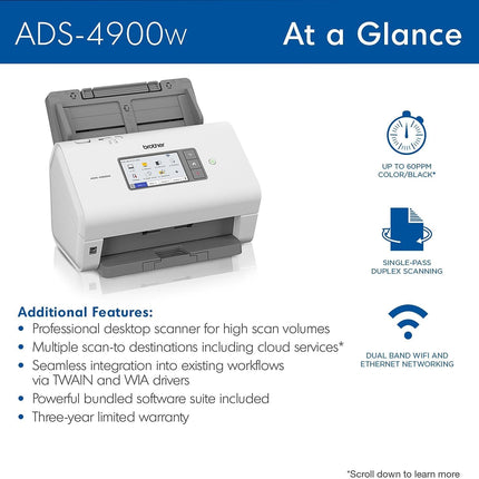 Brother ADS-4900W Professional Desktop Scanner with Fast Scan Speeds, Duplex, Wireless, and Large Touchscreen, White (New)