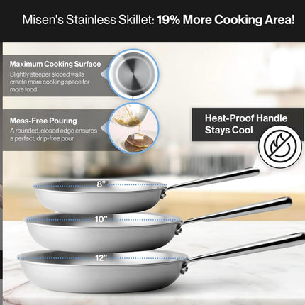 Misen 5-Ply Professional Stainless Steel Pan - 12 Inch Fry Pan, Superior Heat Retention and Ergonomic Handle