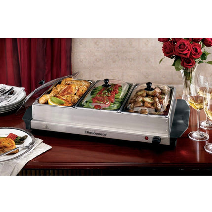 Elite Gourmet EWM-6171 Triple Buffet Server with 7.5 Qt Stainless Steel Trays, New Open Box