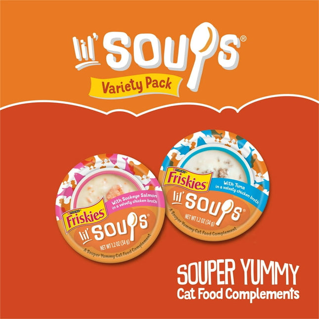 Purina Friskies Lil' Soups Salmon and Tuna for Cats Variety Pack, 1.2 oz Cups (18 Count) (03/2027)
