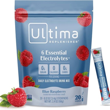 Ultima Replenisher Daily Electrolyte Powder – Blue Raspberry, 20 Stickpacks – EXP. 10/2027