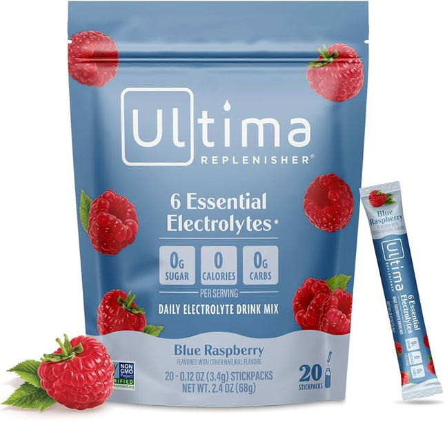 Ultima Replenisher Daily Electrolyte Powder – Blue Raspberry, 20 Stickpacks – EXP. 10/2027