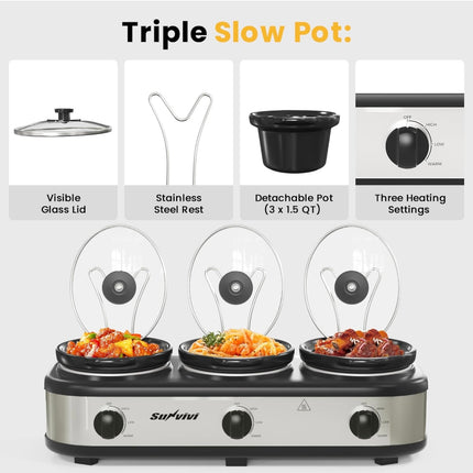 Sunvivi Triple Slow Cooker, Buffet Server and Food Warmer - 3 Pots, Adjustable Temp, Stainless Steel, Open Box