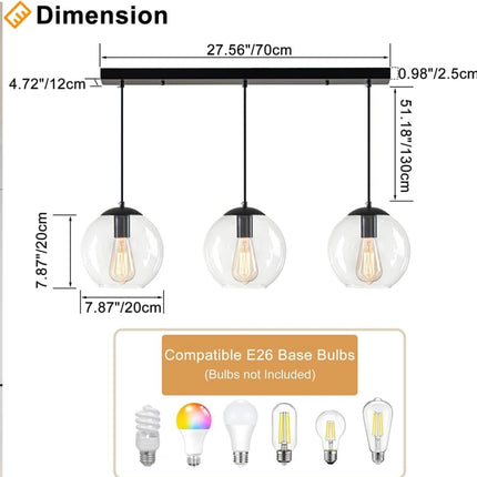 3-Light Globe Pendant Light, Modern Hanging Lighting Fixture with Clear Glass Shades (Used - Cables Dirty, Looks New)