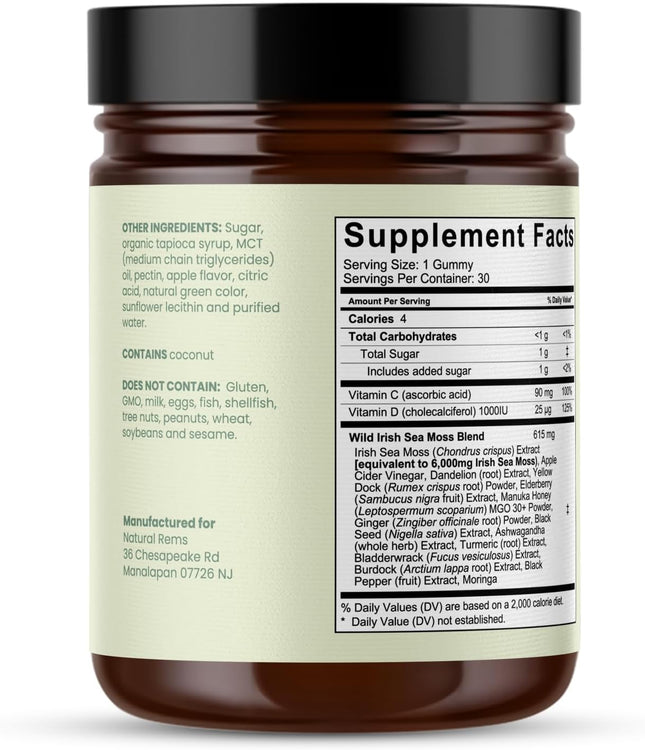 Natural Rems Sea Moss Gummies 16-in-1 - Ashwagandha Black Seed Oil Bladder Wrack Turmeric Vitamin