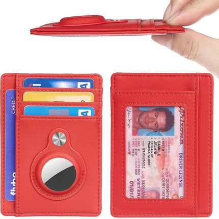 Hawanik AirTag Wallet - Slim Leather Card Holder with AirTag Slot, Red