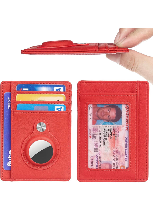 Hawanik AirTag Wallet - Slim Leather Card Holder with AirTag Slot, Red