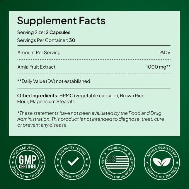 Alevia Organic Amla Capsules 1000mg – Indian Gooseberry Amla Fruit Supplement  - 60 Count