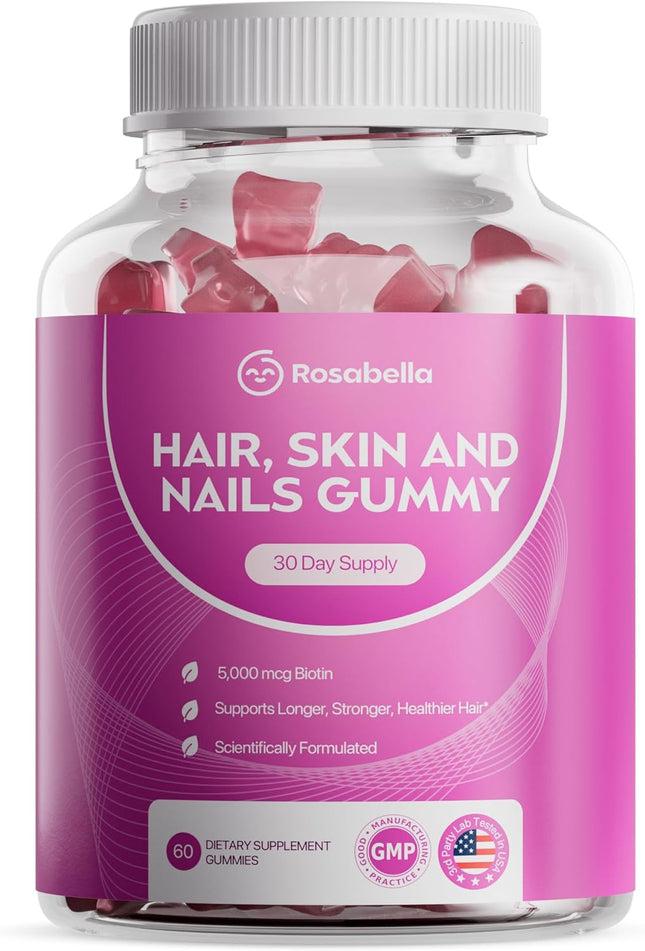 Rosabella Hair Growth Gummies for Women & Men – Vegan Hair Gummies with 5000mcg Biotin - 6O CT EXP. 9/2027